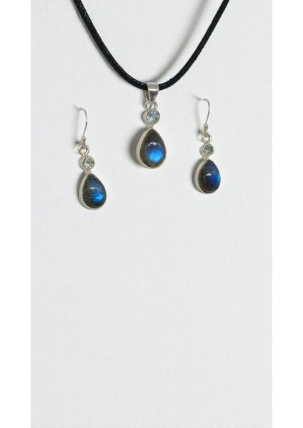 El Işçiliği 925 Ayar Gümüş Labradorit Taşlı Kolye Ucu ve Küpe Seti