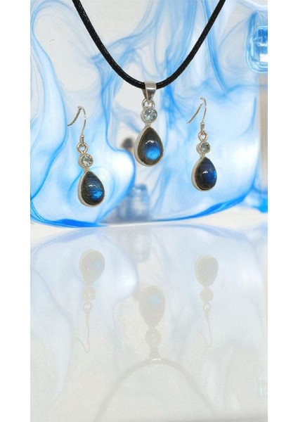 El Işçiliği 925 Ayar Gümüş Labradorit Taşlı Kolye Ucu ve Küpe Seti fiyatları