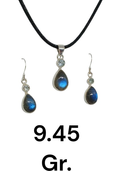 El Işçiliği 925 Ayar Gümüş Labradorit Taşlı Kolye Ucu ve Küpe Seti modelleri