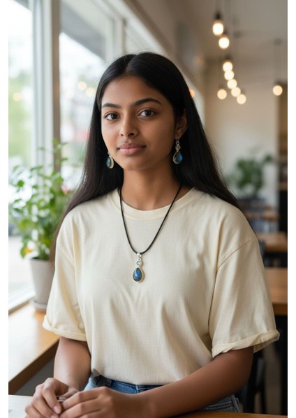 El Işçiliği 925 Ayar Gümüş Labradorit Taşlı Kolye Ucu ve Küpe Seti fırsatları