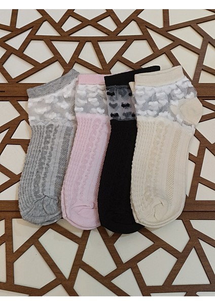 Penye Tüllü Desenli 4'lü Kadın Patik Çorap