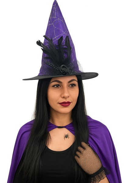 Hallowen Cadı Şapkası Çiçekli Tüylü Model Mor Renkli Cadılar Bayramı Şapkası
