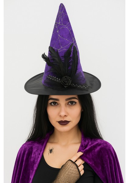 Hallowen Cadı Şapkası Çiçekli Tüylü Model Mor Renkli Cadılar Bayramı Şapkası modelleri