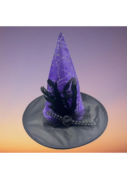 Hallowen Cadı Şapkası Çiçekli Tüylü Model Mor Renkli Cadılar Bayramı Şapkası fırsatları