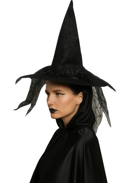 Hallowen Cadı Şapkası Baskılı Tüylü Simli Siyah Cadılar Bayramı Korku Şapkası
