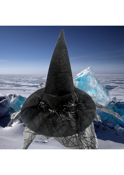 Hallowen Cadı Şapkası Baskılı Tüylü Simli Siyah Cadılar Bayramı Korku Şapkası