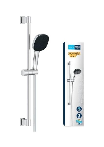 110 Sürgülü Duş Seti, 110MM Kare 3 Akışlı (Masaj, Yağmur & Jet) El Duşu, 600MM Sürgülü Ray, 1750MM Duş Hortumu, Krom, 26096001 modelleri