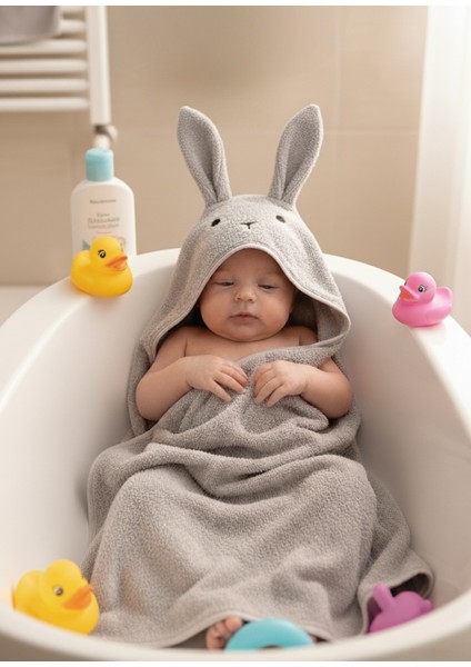 Yumuşacık Pamuklu Kız-Erkek Yenidoğan/bebek Banyo Kundak Havlusu Gri/tavşan