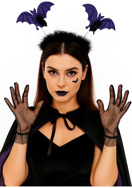 Halloween Cadılar Bayramı 2li Mor Yarasa Taç Tüylü Pari Aksesuarı