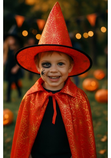 Hallowen Pelerin Şapka Kırmızı Örümcek Ağlı