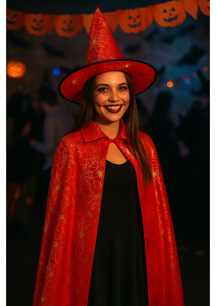 Hallowen Pelerin Şapka Kırmızı Örümcek Ağlı
