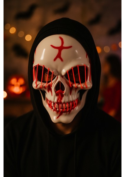 Halloween Maske Kuru Kafa Işıklı Kırmızı Teller modelleri