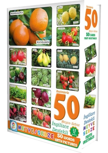 Meyve ve Sebze Eğitici Kartları, 50 Kelime Türkçe-, 3+ Yaş, 21,5 x 16 cm