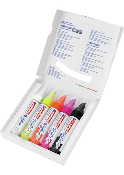 5000 Akrilik Markör Geniş - Beyaz Siyah Sarı Turuncu Pembe - Akrilik Markörler 5'li Paket (Neon) - 5-10 mm Kesik Uçlu