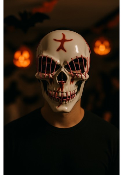 Halloween Maske Kuru Kafa Işıklı Fuşya Teller modelleri
