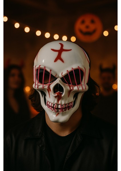 Halloween Maske Kuru Kafa Işıklı Fuşya Teller fırsatları