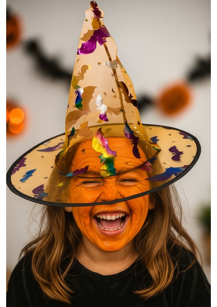 Halloween Cadı Şapkası Transparan Turuncu Yarasalı