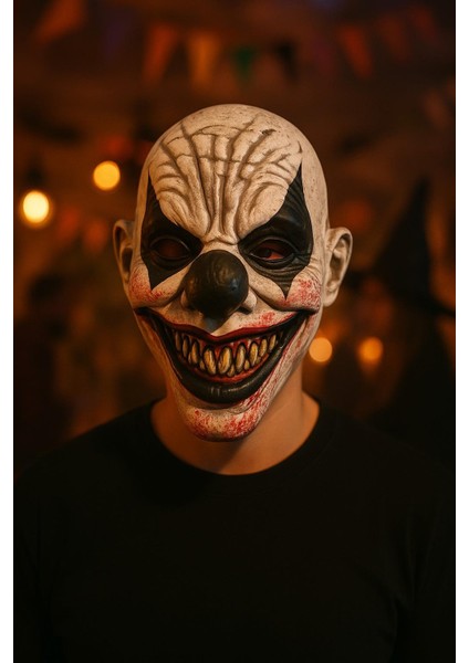 Halloween Cadılar Bayramı Maske Testere Diş Burun Siyah Göz Siyah Palyaço Korku Maskesi