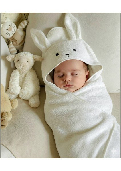 Pamuklu Yumuşacık Kız- Erkek Yenidoğan /Bebek Banyo Havlu Kundak KREM/TAVŞAN