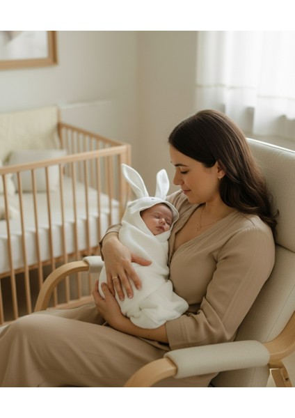 Pamuklu Yumuşacık Kız- Erkek Yenidoğan /Bebek Banyo Havlu Kundak KREM/TAVŞAN