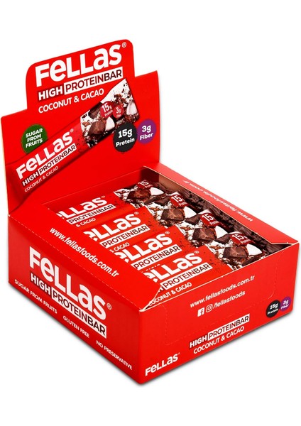 Fellas Yüksek Protein Bar, Hindistan Cevizli ve Kakaolu, 45GR x 12 Adet