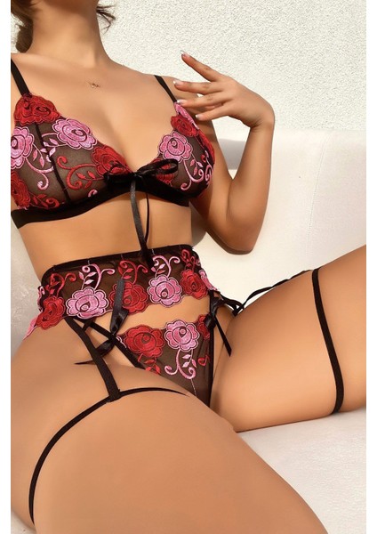 Gül Desenli Fantazi Sütyen Külot Takım