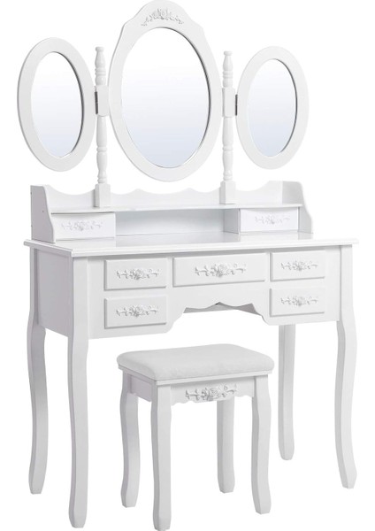 3 Aynalı ve Tabureli Tuvalet Masası, 7 Çekmece, Eğim Koruması, Lüks, 145 x 90 x 40 Cm, Beyaz RDT91W