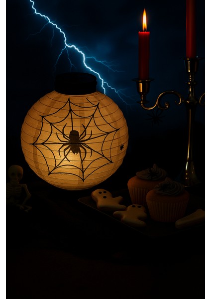 Halloween Cadılar Bayramı Japon Feneri Pilli 20 cm Beyaz Örümcek Desenli Korku Aksesuarı
