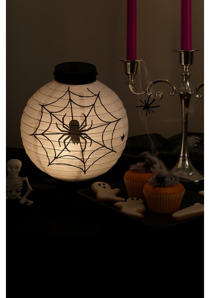 Halloween Cadılar Bayramı Japon Feneri Pilli 20 cm Beyaz Örümcek Desenli Korku Aksesuarı fiyatları