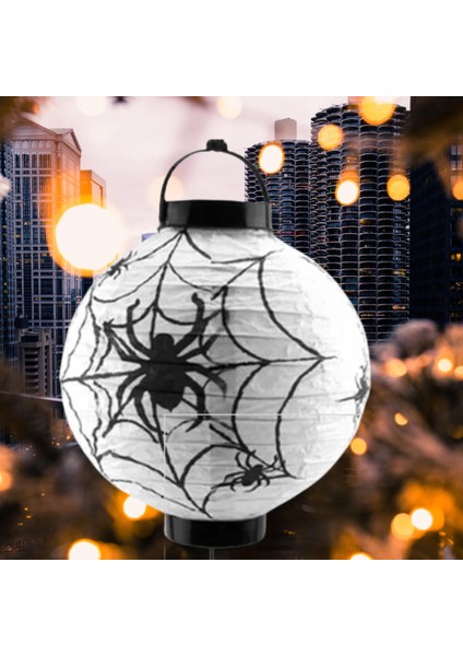 Halloween Cadılar Bayramı Japon Feneri Pilli 20 cm Beyaz Örümcek Desenli Korku Aksesuarı fırsatları