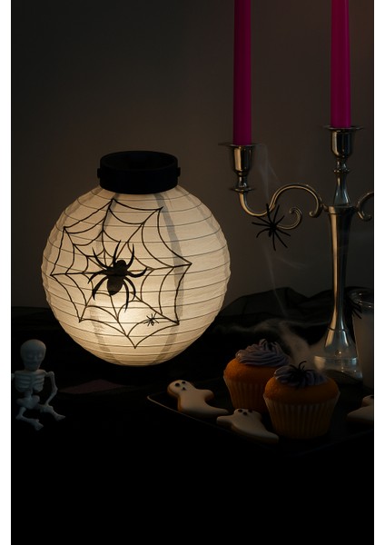 Halloween Cadılar Bayramı Japon Feneri Pilli 20 cm Beyaz Örümcek Desenli Korku Aksesuarı