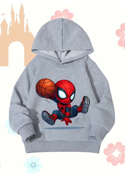 Punıx Kıds Özel Üretim Kapüşonlu Basketçi Örümcek Adam Baskılı Şardonlu Kışlık Erkek Çocuk Sweatshırt