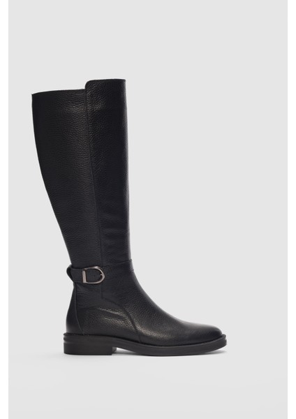 Zevon Hakiki Deri Yandan Fermuarlı Bilekten Ayarlanabilir Toka Detaylı Kadın Çizme-Siyah