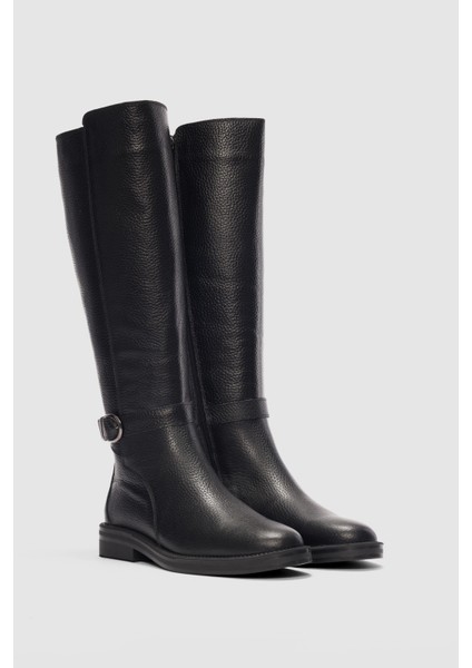 Zevon Hakiki Deri Yandan Fermuarlı Bilekten Ayarlanabilir Toka Detaylı Kadın Çizme-Siyah fırsatları