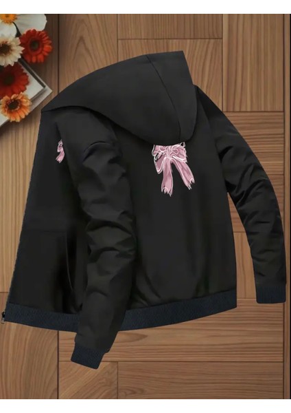 Punıx Kıds Özel Üretim Pembe Kurdele Baskılı Kapüşonlu Fermuarlı Kız Çocuk Şardonlu Sweatshırt