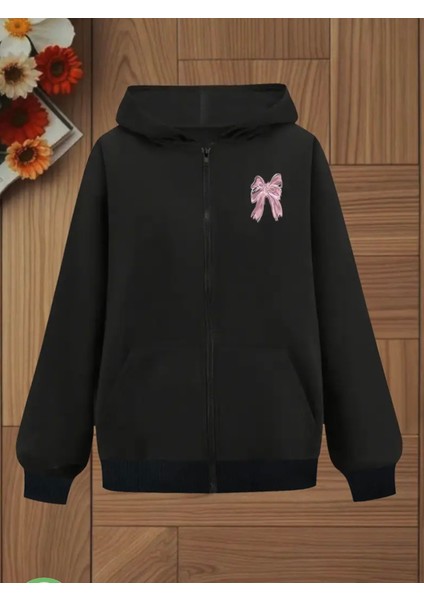 Punıx Kıds Özel Üretim Pembe Kurdele Baskılı Kapüşonlu Fermuarlı Kız Çocuk Şardonlu Sweatshırt fiyatları