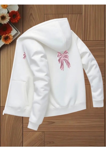 Punıx Kıds Özel Üretim Pembe Kurdele Baskılı Kapüşonlu Fermuarlı Kız Çocuk Şardonlu Sweatshırt modelleri