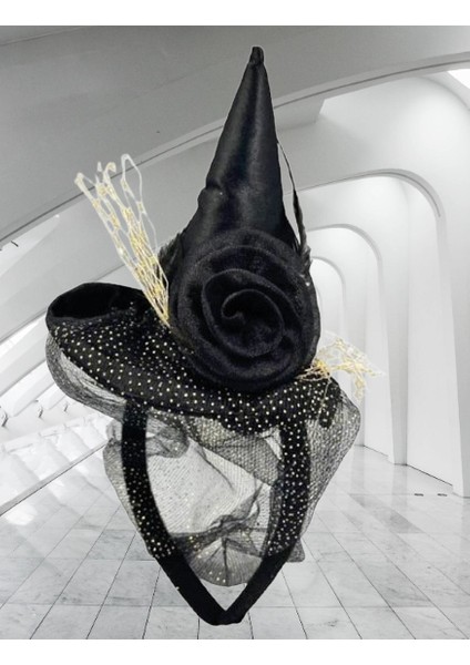 Halloween Cadılar Bayramı Taç Mini Cadı Şapkalı Tüllü Güllü Siyah