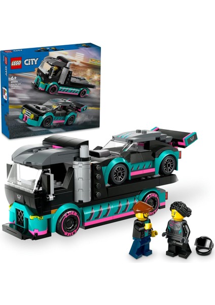 City Yarış Arabası ve Araba Taşıyıcı Kamyon 60406-6 Yaş ve Üstü Kız ve Erkek Çocuklar Için Ayarlanabilir Yükleme Rampası, Yarışçı ve Sürücü Figürleri Içeren Yapım Seti, Hediye Fikri (328 Parça)