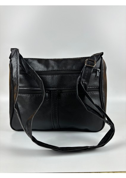 Kadın Suni Siyah Gri Fermuarlı Çok Cepli Günlük Midi Boy Omuz Çantası