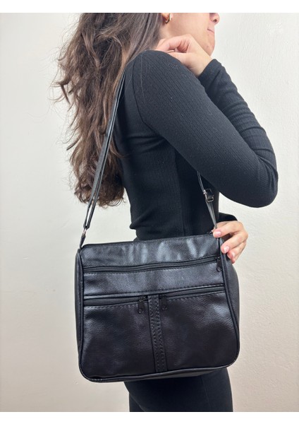 Kadın Suni Siyah Gri Fermuarlı Çok Cepli Günlük Midi Boy Omuz Çantası fırsatları