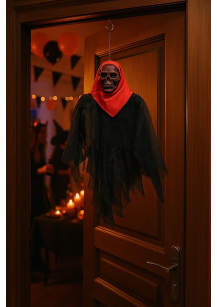 Halloween Cadılar Bayramı Iskelet Korkuluk 40CM Siyah -Kırmızı Kapı Oda Korku Aksesuarı