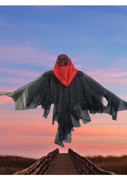 Halloween Cadılar Bayramı Iskelet Korkuluk 40CM Siyah -Kırmızı Kapı Oda Korku Aksesuarı