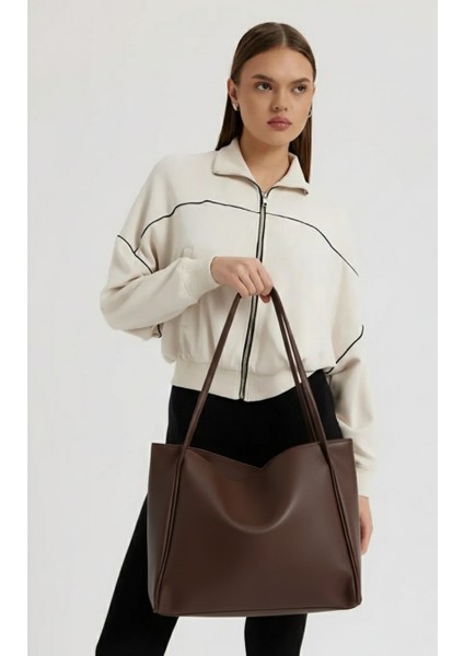 Kadın Suni Deri Kahve Trend Model Minimal Maxi Boy Omuz Çantası