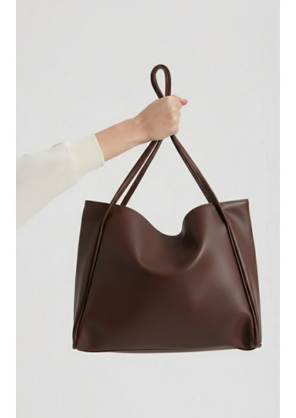 Kadın Suni Deri Kahve Trend Model Minimal Maxi Boy Omuz Çantası modelleri