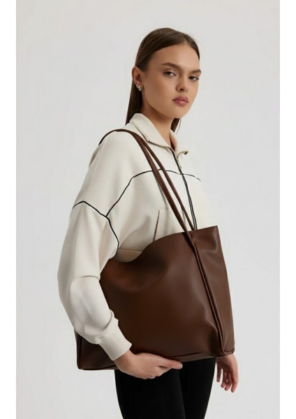Kadın Suni Deri Kahve Trend Model Minimal Maxi Boy Omuz Çantası fırsatları