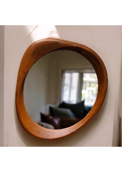 Asimetrik Masif Ahşap El Işçiliği Duvar Aynası – 70 cm (Bali El Yapımı)