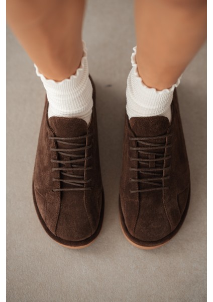 Nelline Hakiki Deri Bağcıklı Kadın Ayakkabı- Kahve Süet