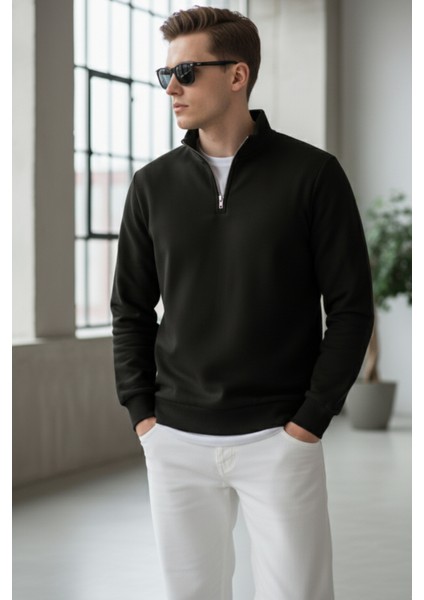 Pamuklu Erkek Sweatshirt Siyah Soft Touch Relax Fit Yarım Fermuarlı Dik Yaka 3 Iplik Nefes Alan