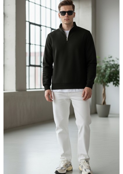 Pamuklu Erkek Sweatshirt Siyah Soft Touch Relax Fit Yarım Fermuarlı Dik Yaka 3 Iplik Nefes Alan fiyatları
